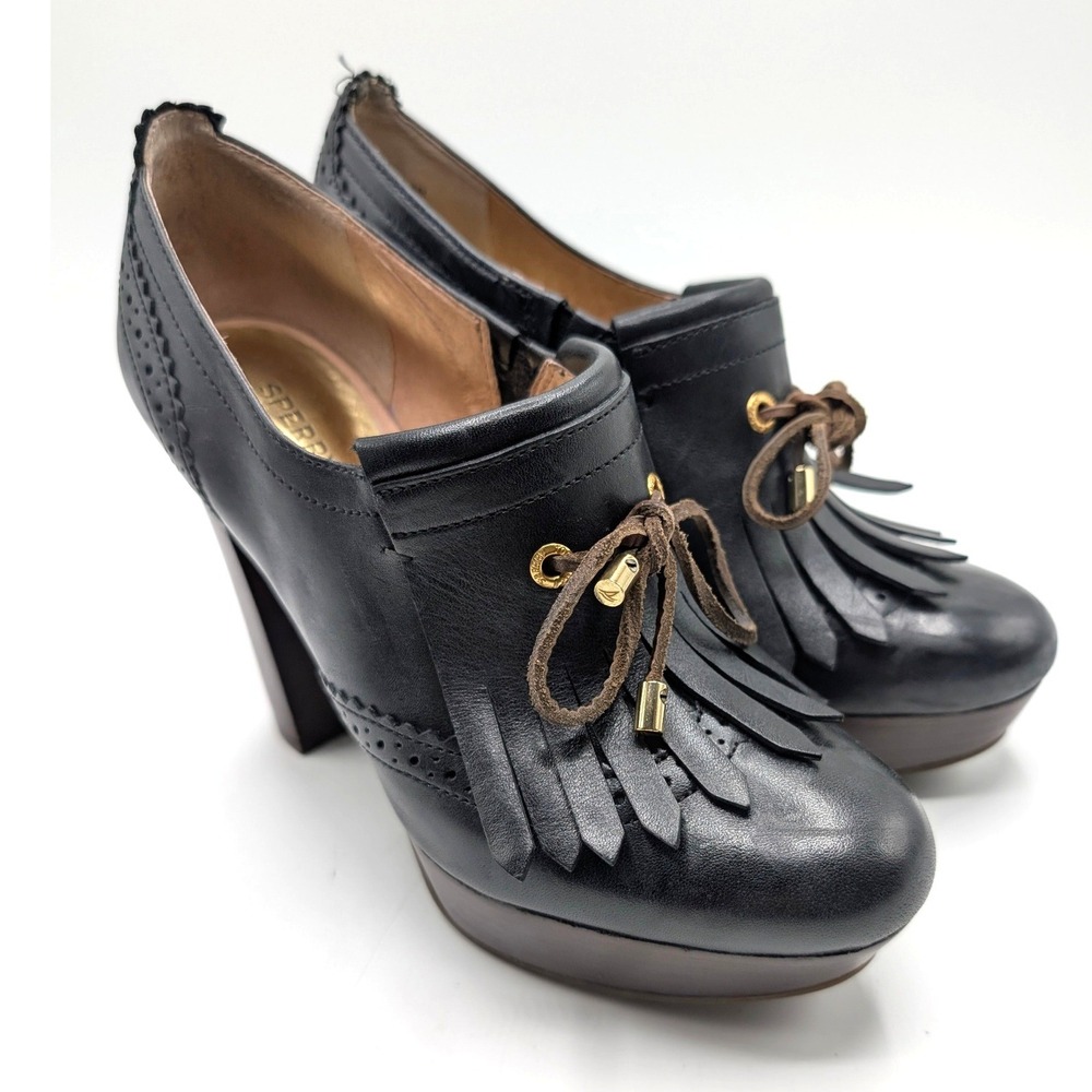 Sperry 6 McKenna Black Leather Kiltie Platform Heels Booties Witch Steampunk